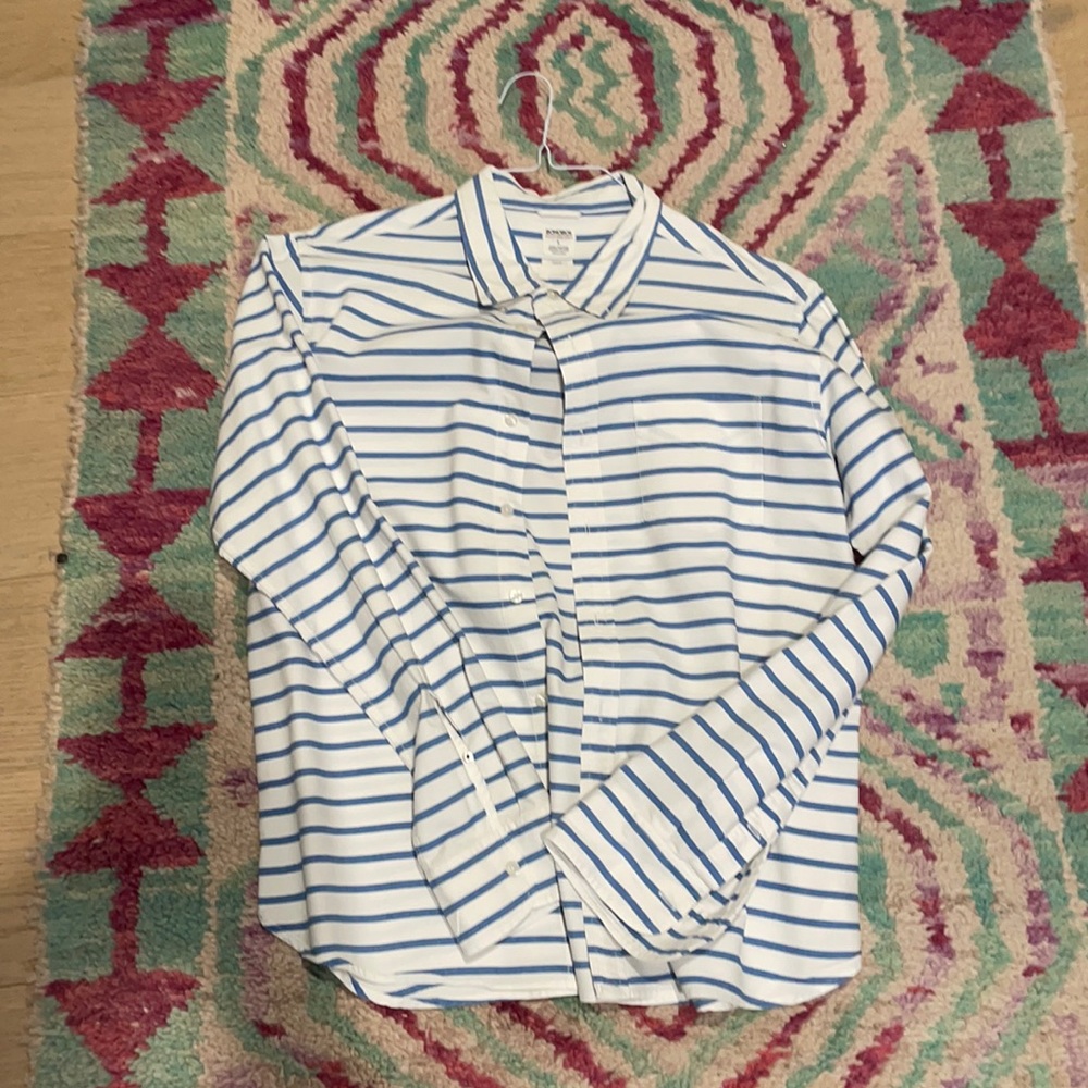 Men’s button down blue and white striped shirt